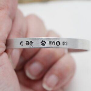 Cat Mom Paw Print Bangle - Hand Stamped Anodized Aluminum Bangle - Adjustable
